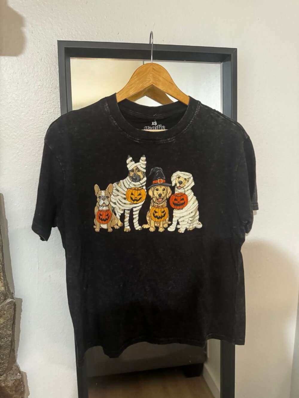 Womens Halloween Dog Mummy Graphic T-Shirt XS